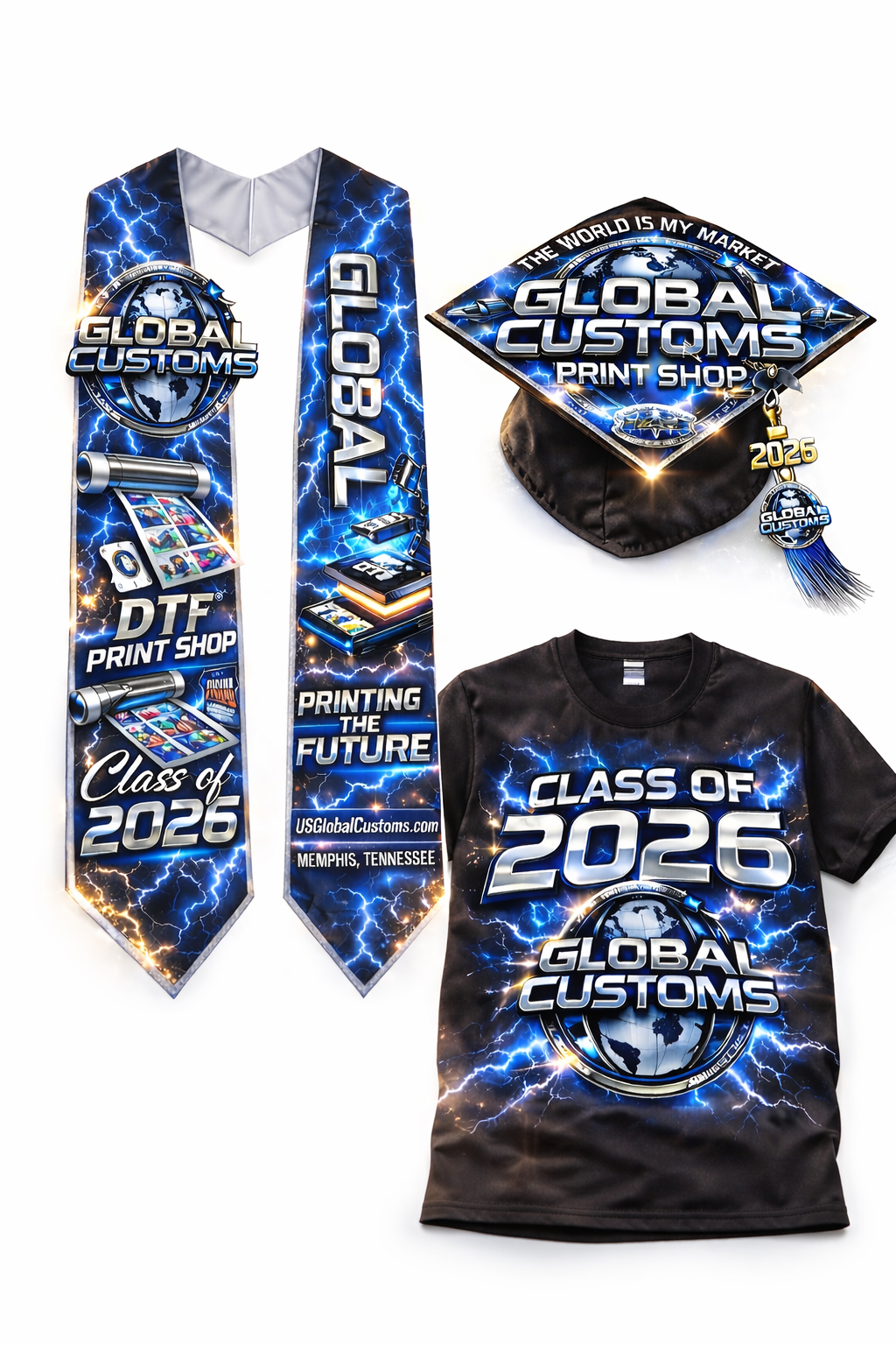 Custom Adult Graduation Stole, Cap Topper and Shirt Bundle